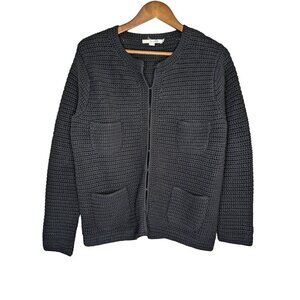 Boden Womens Chunky Knit Cardigan Sweater Size 12 Black Thick Patch Pockets